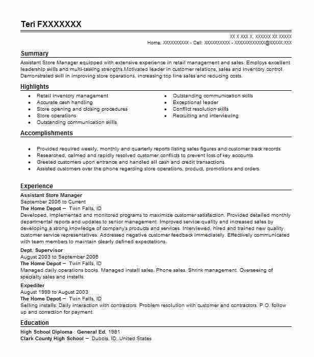 assistant store manager resume samples