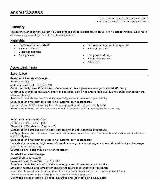 restaurant assistant manager resumes