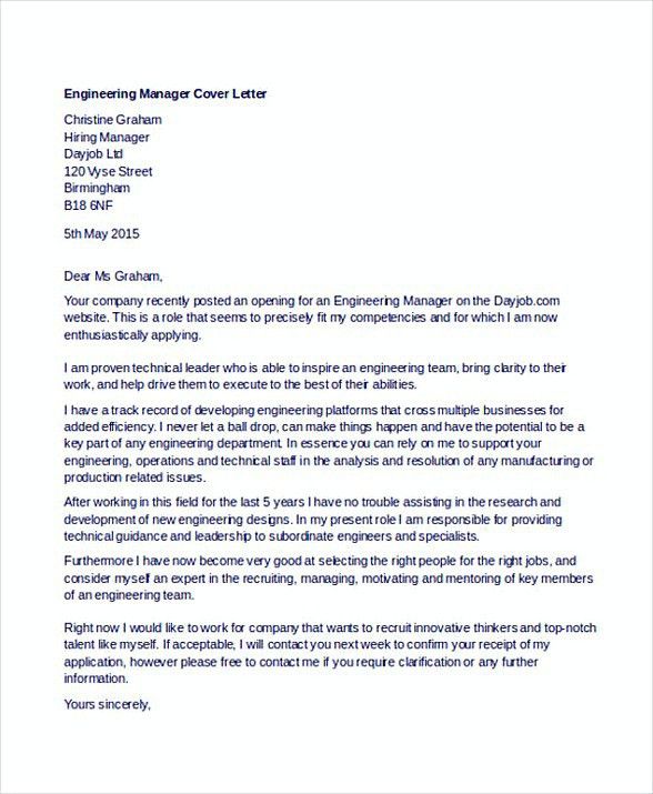 manufacturing engineer cover letter