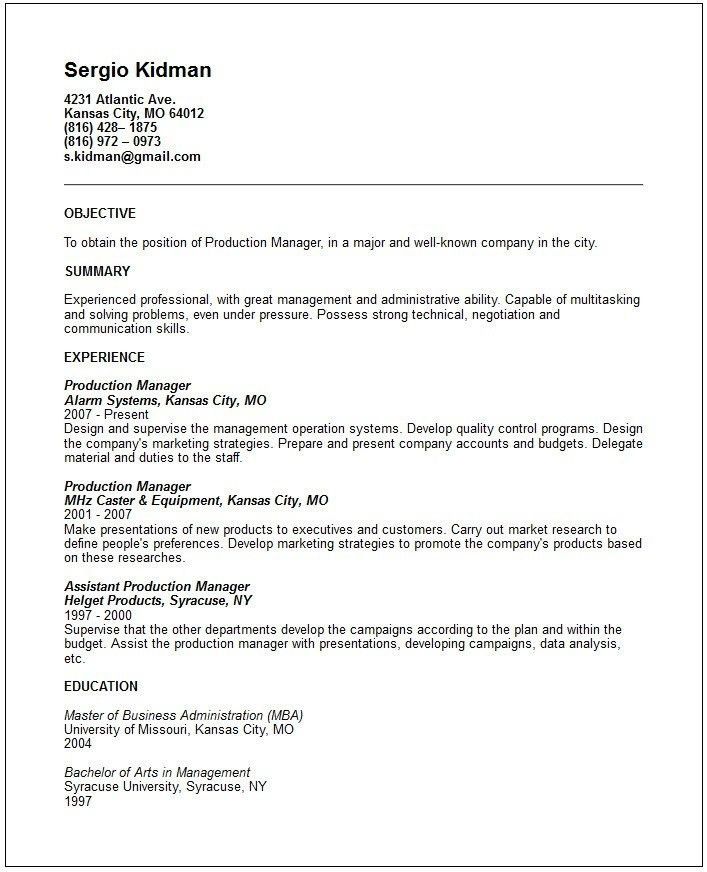 production manager resume sample