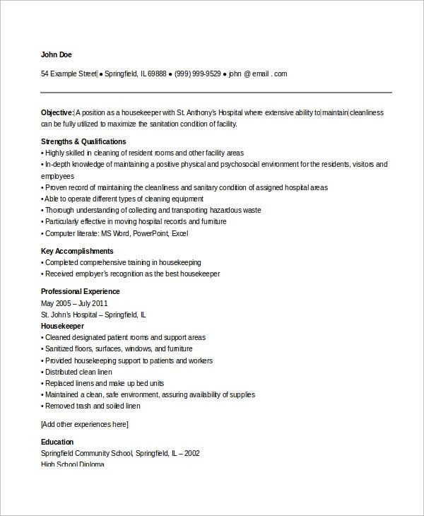 hospital housekeeping resumes
