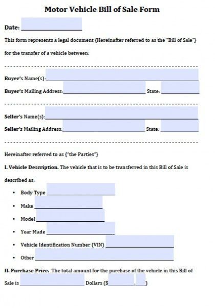 motor vehicle bill of sale word document