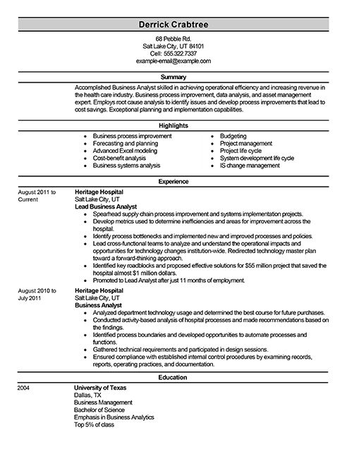 lead business analyst resumes