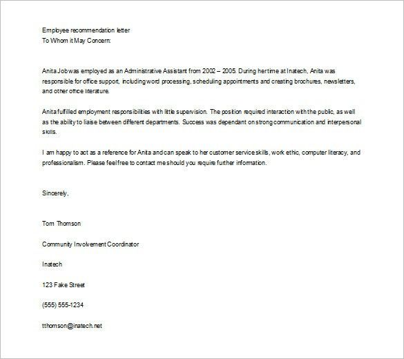 employee recommendation letter samples