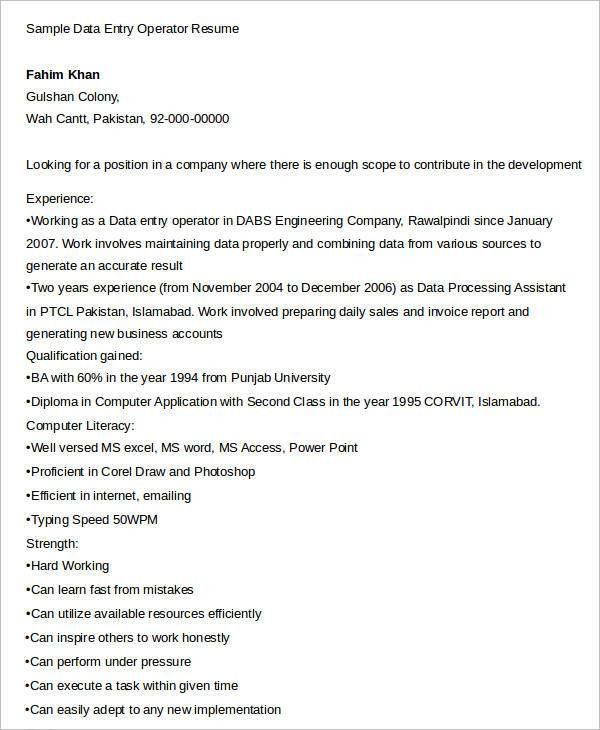 data entry operator resumes
