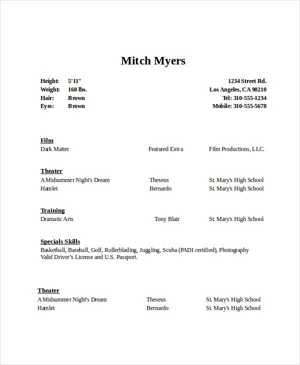actors resume format