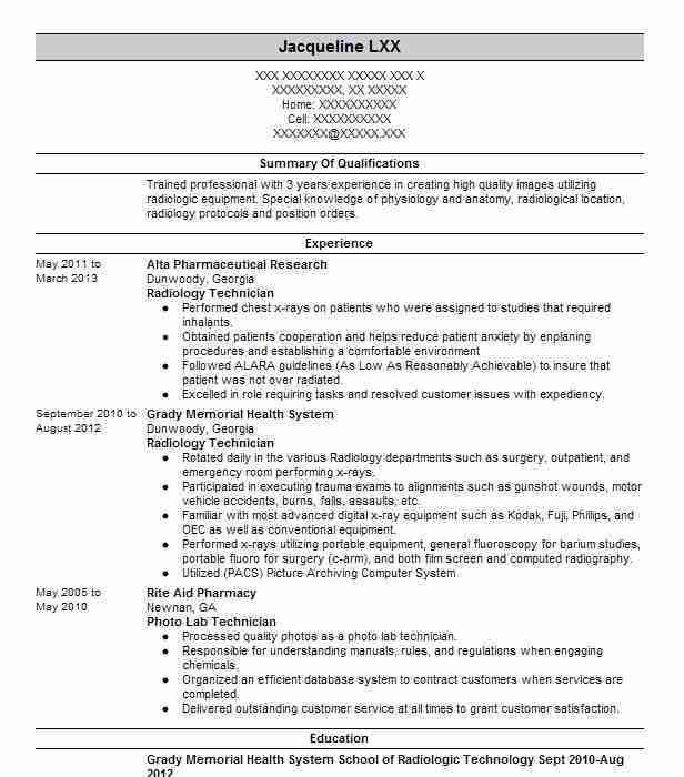 radiologic technologist resume sample