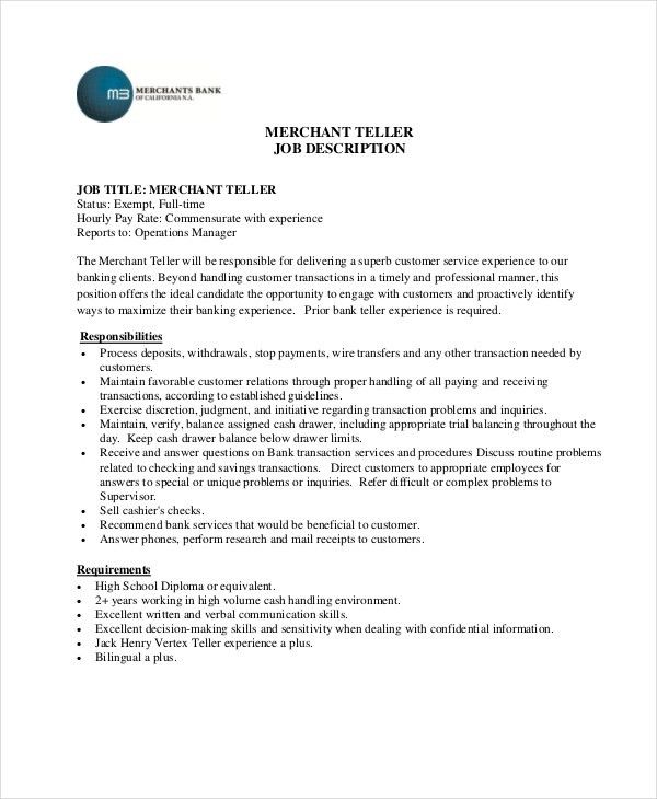 customer service bank job description