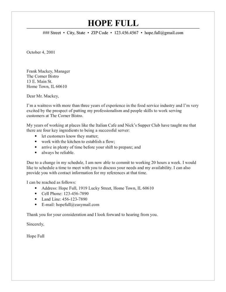 cover letter for waitress