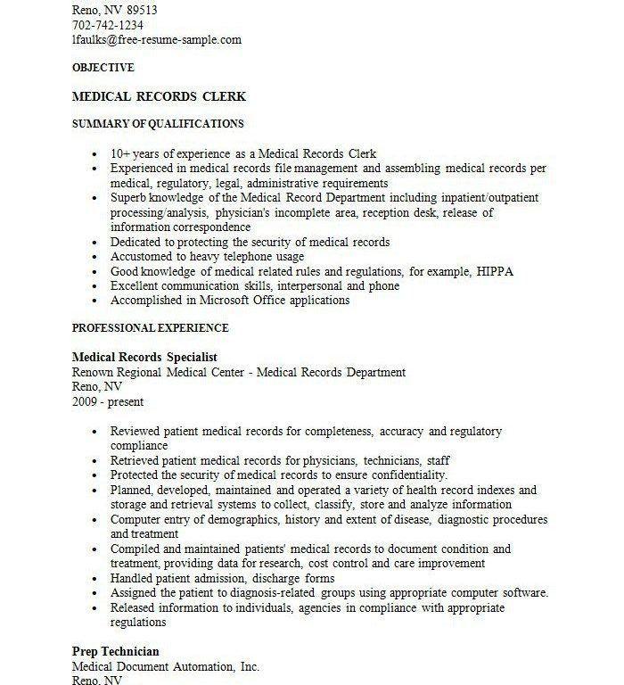 medical records resume sample