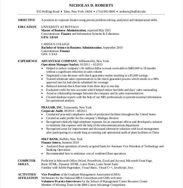 mba resume sample