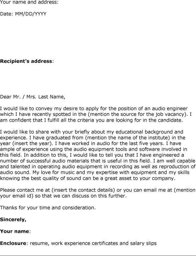 audio engineer cover letter