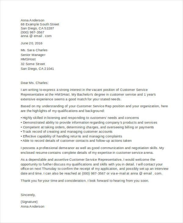 cover letter example customer service representative