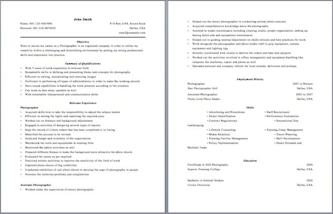 professional photographer resume
