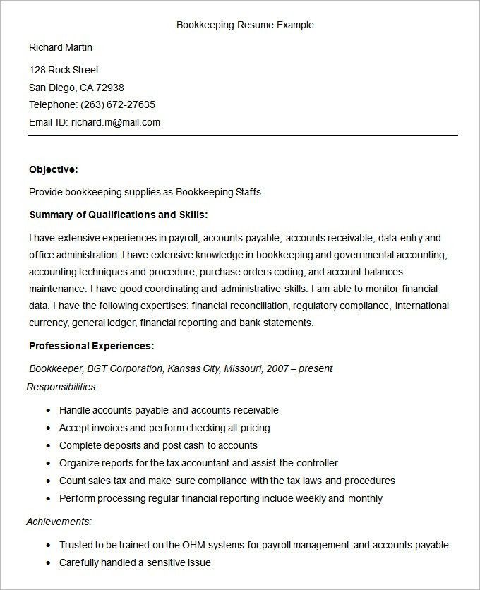 bookkeeping resume template