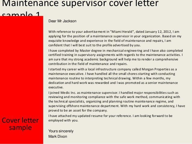 maintenance supervisor cover letter
