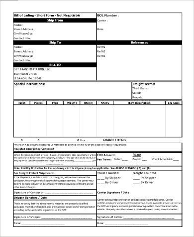 standard bill of lading pdf