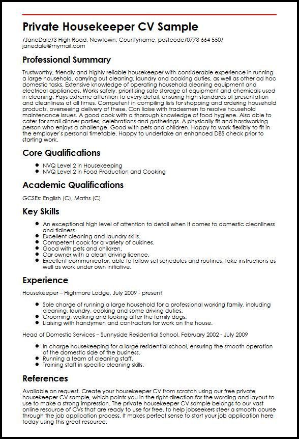examples of housekeeping resumes