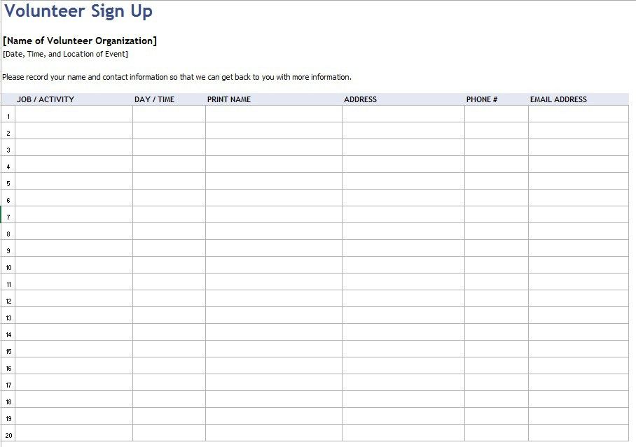 volunteer sign up sheet template