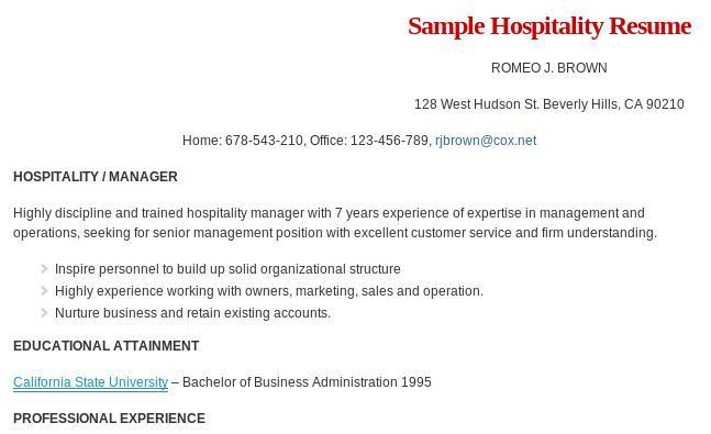 Resume format for hospitality management