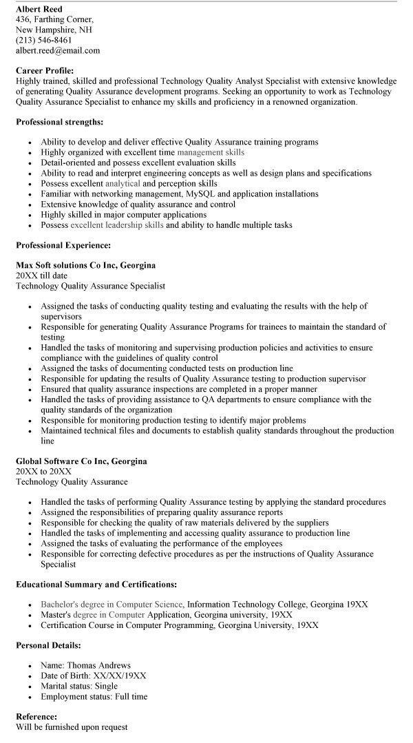 quality assurance specialist resumes
