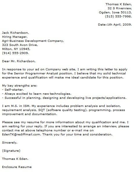 programmer analyst cover letters