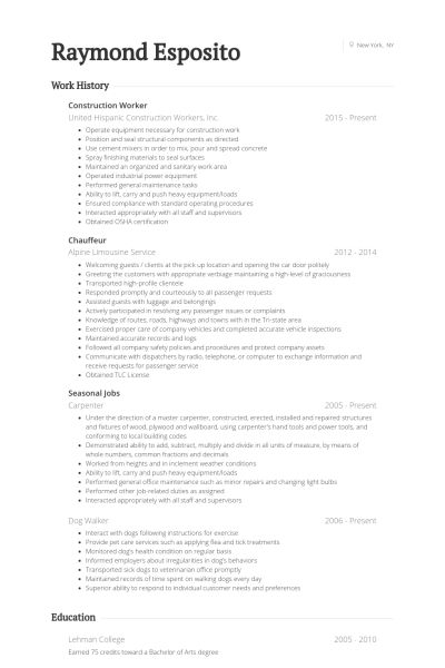 construction work resume