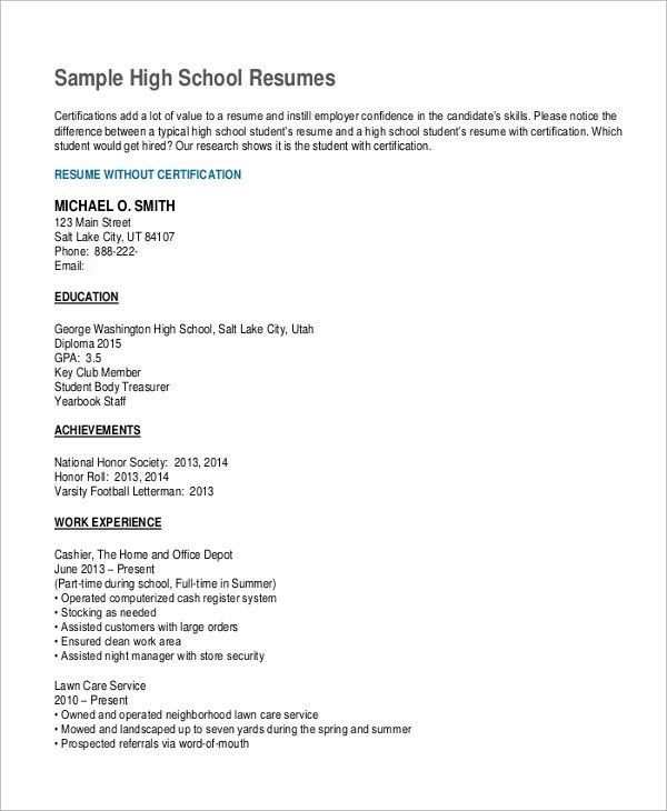 resume sample for high school students