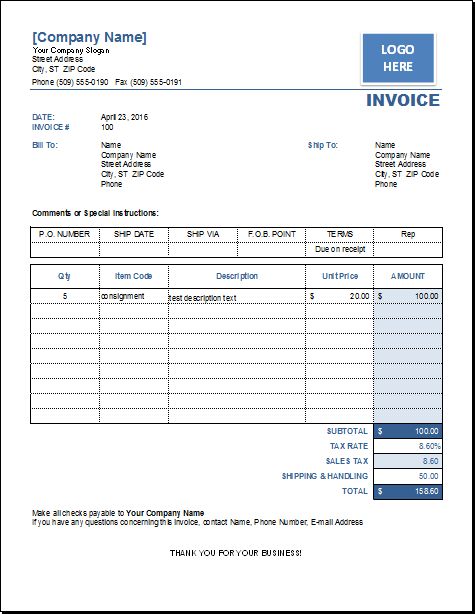ms excel invoice template