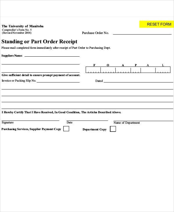 standard receipt template word