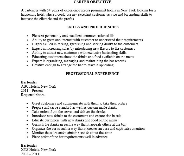 bartender skills resume