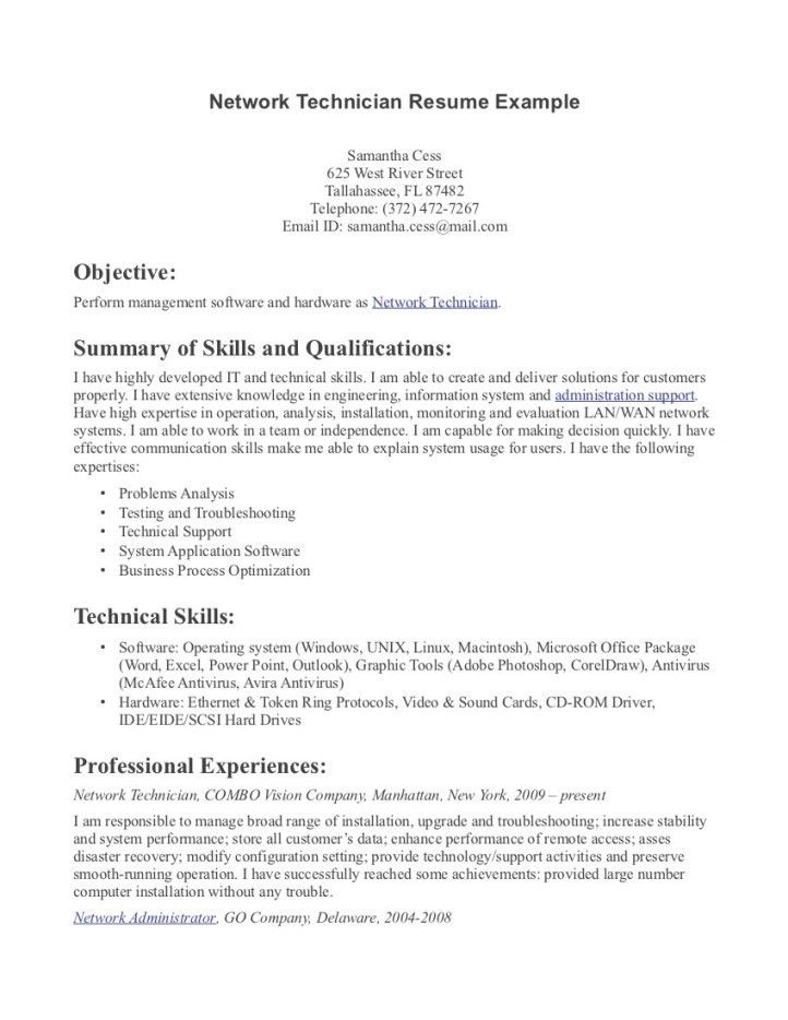 network technician resume samples