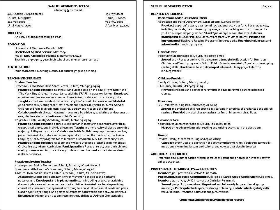 sample resume child care worker