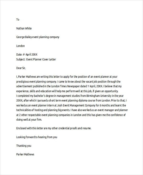 meeting planner cover letters
