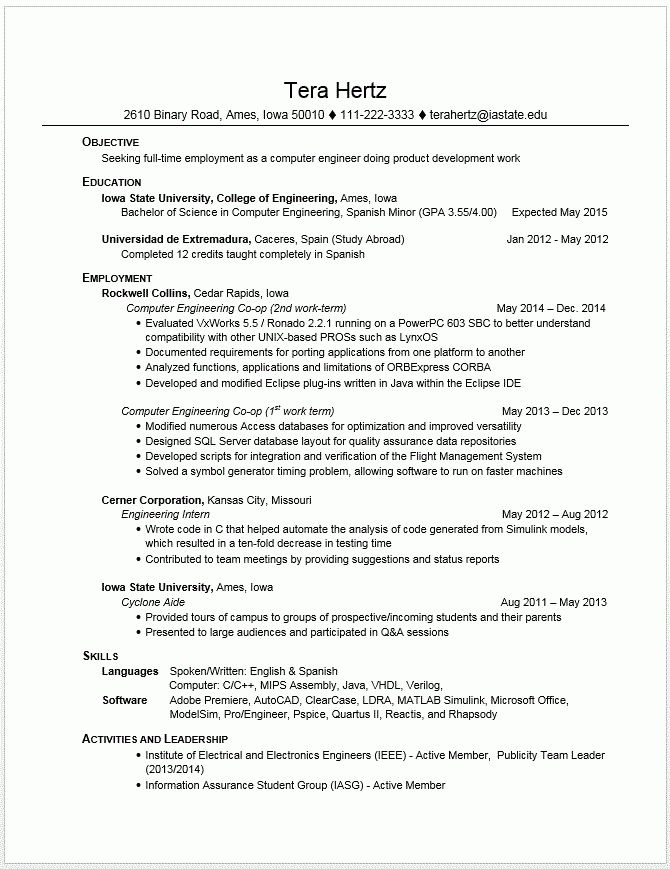 engineering student sample resumes