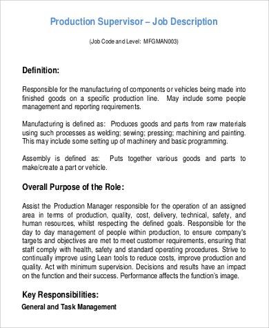 production supervisor job description