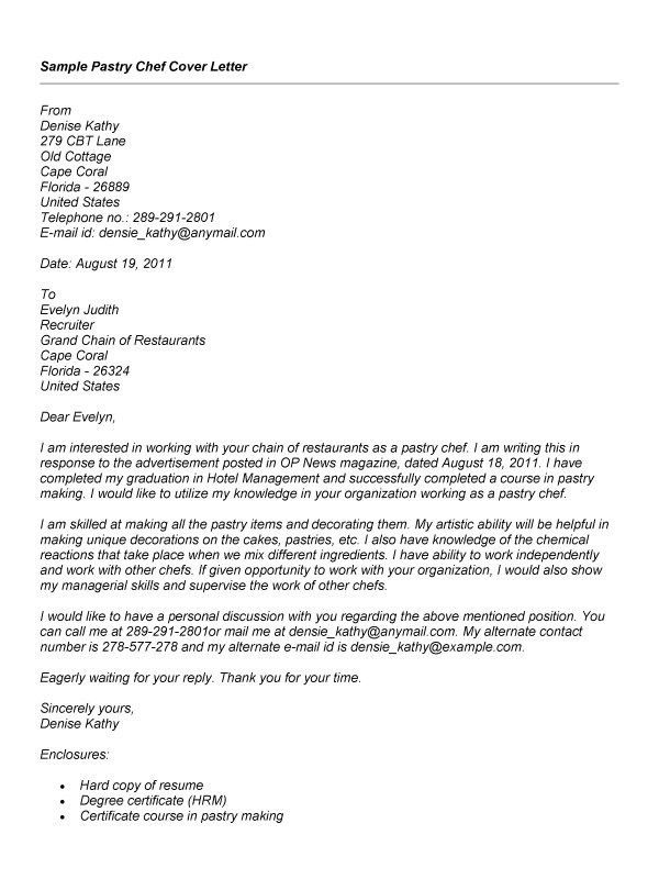 sample chef cover letters