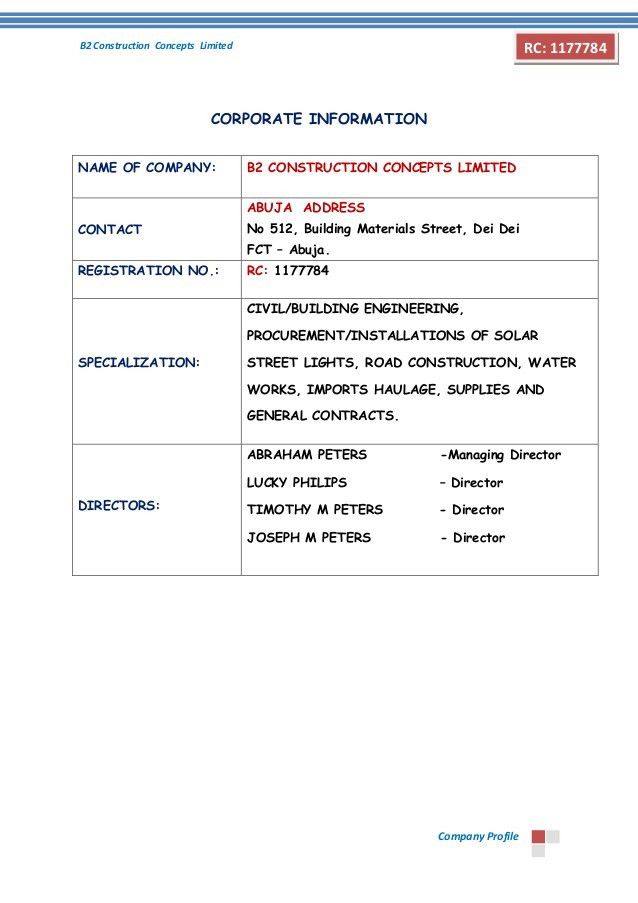 construction company profile sample format