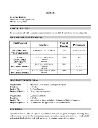 mba freshers resumes