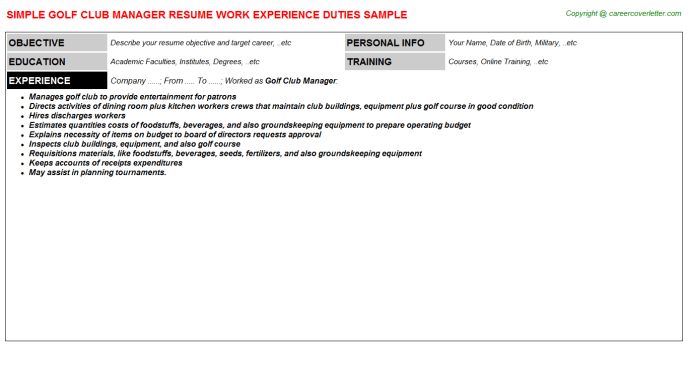 club manager job resumes