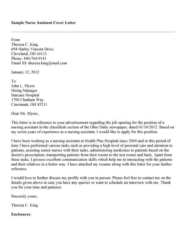 nursing assistant cover letter sample