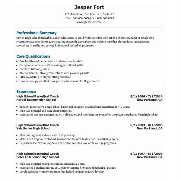 high school basketball coach resume