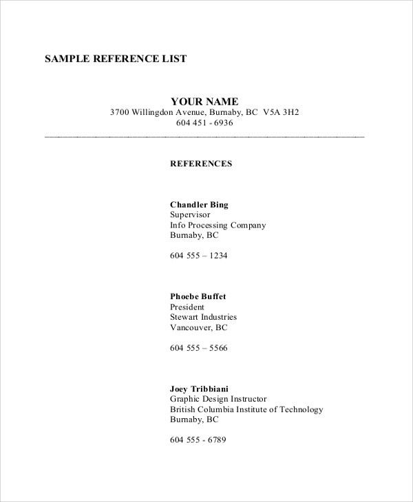 sample of list of references