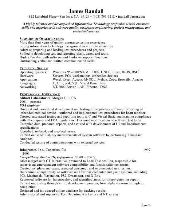 quality assurance resume example