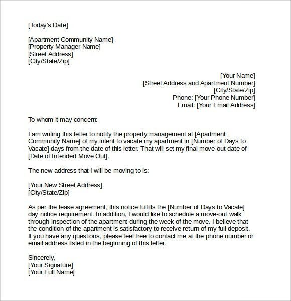 sample letter to vacate apartment to tenant