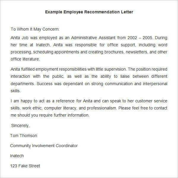 employee recommendation letter samples