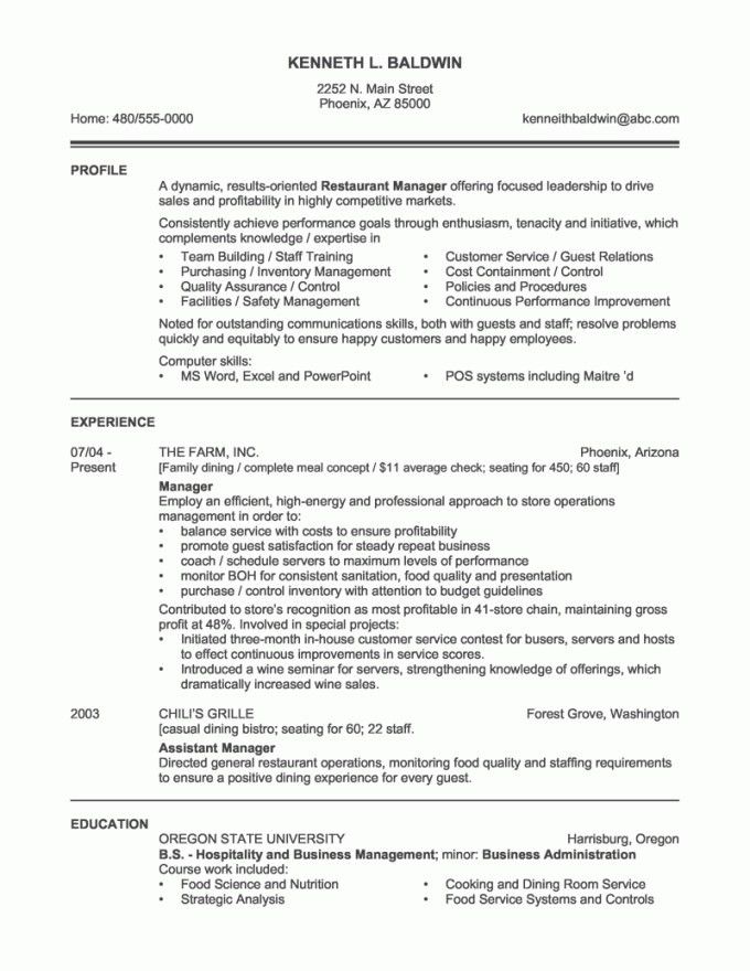 sample restaurant manager resumes