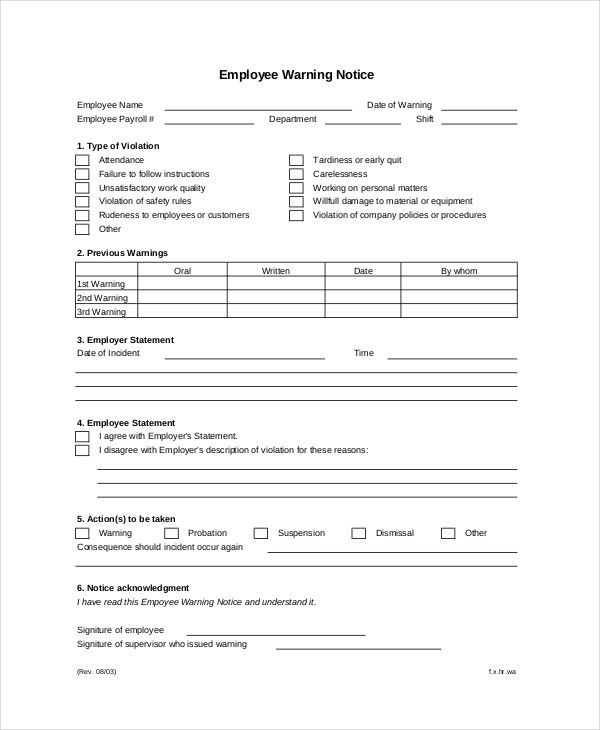 free employee warning notice