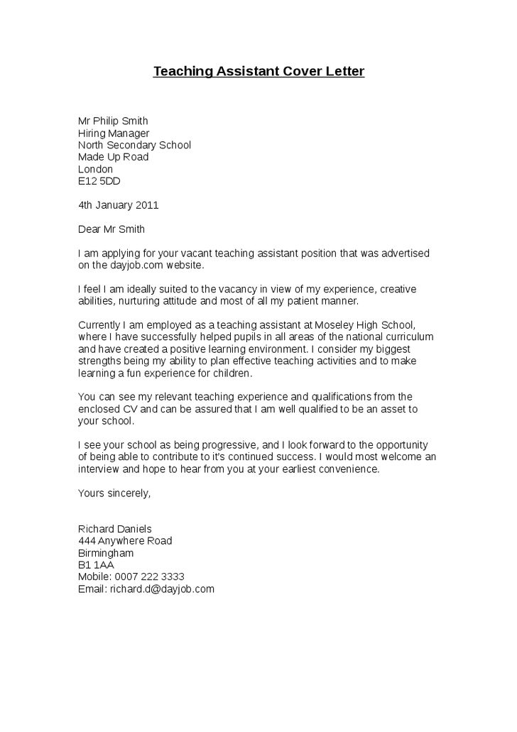 cover letter teacher sample