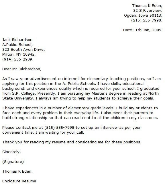 reading teacher cover letters